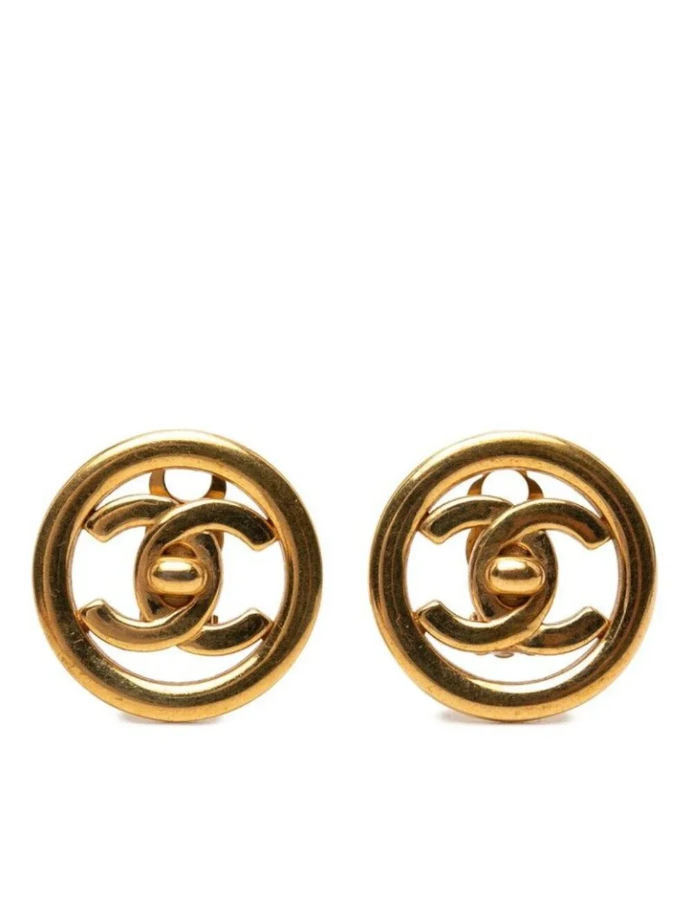 Chanel CC Logo Vintage Round Earrings 97 Gold Plated